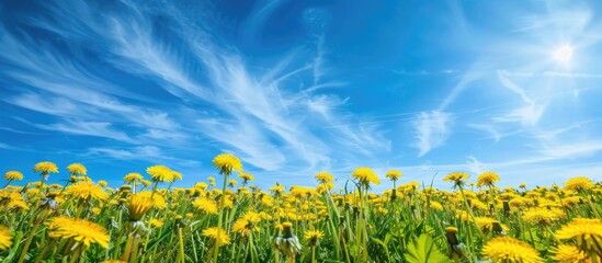 Wall Mural - Field filled with yellow dandelions under a vivid blue sky