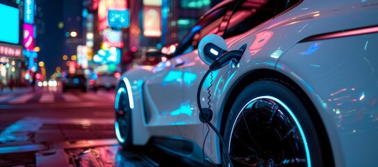 Aufkleber - Image of a futuristic electric car charging at night in a modern urban cityscape, showcasing advanced technology and sustainability in the urban environment with illuminated city lights