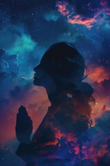 Wall Mural - A woman is praying in the sky with clouds and stars