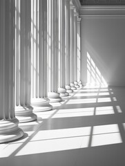 The image is a white and black photo of a long hallway with columns