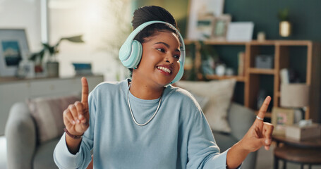 Sticker - Dancing, music and black woman with headphones in home with streaming hip hop playlist and online radio for sound. African person, gen z girl and happy singing with listening to rap song for fun