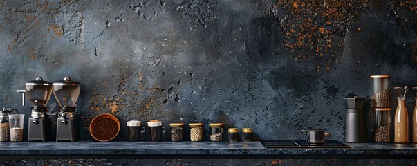 Poster - editorial style photo of barista accessories arranged on a stone black background with copyspace