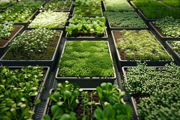 Poster - A top-down view of an indoor microgreen farm with multiple rows of trays filled with a variety of sprouting microgreens. Generative AI