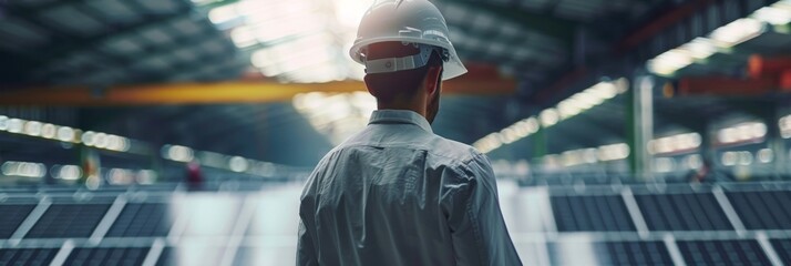 Poster - An industrial engineer oversees quality control, maintenance, and processes in a solar panel factory to ensure efficient, safe renewable energy production with technology and sustainable practices
