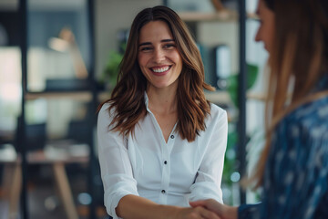 Wall Mural - smiling businesswoman shaking hands with a colleague in a modern office, exuding professionalism and
