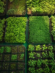 Poster - A top-down view of a microgreen farm showing various types of microgreens growing in trays. Generative AI