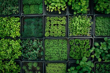 Poster - A top-down view of a microgreen farm with rows of trays filled with different types of microgreens. Generative AI