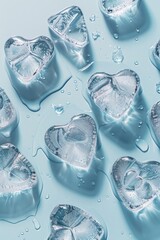 Wall Mural - A close up of a blue background with a bunch of ice cubes in the shape of hearts