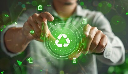 Poster - Touchscreen interface promotes sustainability through recycling, ecofriendly tech, and green solutions interactively, supporting eco concepts and green technology for a sustainable future