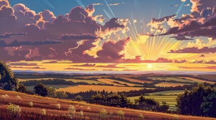 Wall Mural - Sunset over rural landscape with fields and forests