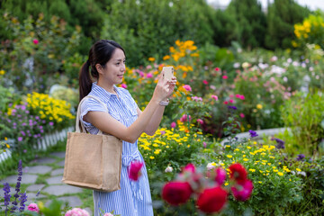 Canvas Print - Woman use of mobile phone to take photo in flower garden