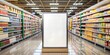 © N7 - End Cap Display Mockup Blur: A blurred background of an end cap display in a supermarket with a blank advertising mockup, ideal for highlighting featured products.