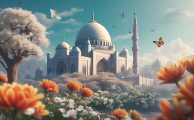 Flourishing mosque with orange and white flowers and butterflies.