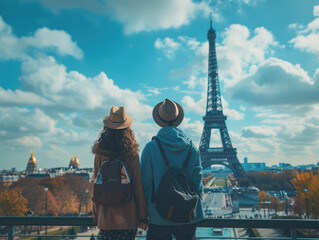  A Serene Moment in Paris A Couple Enjoying the Eiffel Tower Under a Blue Sky with White Clouds on a Beautiful Autumn Day
