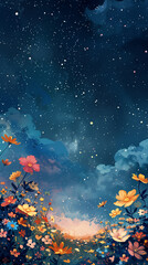 Wall Mural - Night Sky and Flowers Wallpaper Background