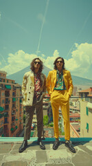 Naklejka na meble Retro Fashion Duo on Rooftop with Scenic Mountain View Vibrant Yellow Suit and Classic Beige Trench Coat in a Summer Urban Setting with Modern Flair and Stylish Sunglasses Under Clear Blue Sky