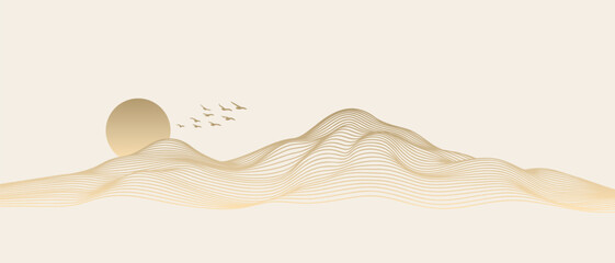 Aufkleber - Vector abstract art landscape mountain with birds and sunrise sunset by golden line art texture isolated on white beige background. Minimal luxury style for wallpaper, wall art decoration.