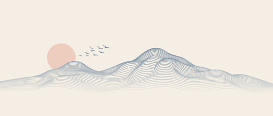 Poster - Vector abstract art landscape mountain with birds and sunrise sunset by blue line art texture isolated on white beige earth tone background. Minimal luxury style for wallpaper, wall art decoration.