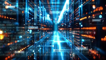 Poster - Data center with a row of computer servers. Abstract generic concept of cyberspace, communication and technology.