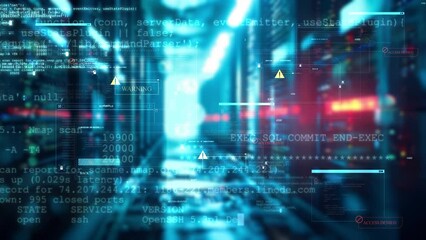 Poster - Blurred data center with computer servers. Computer failure, malfunction, warning and access denied concept.
