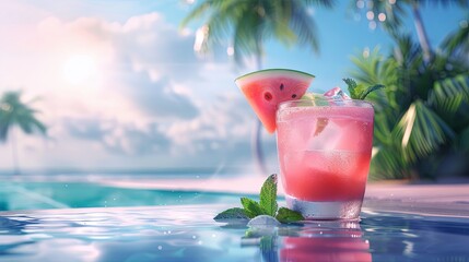 Aufkleber - A glass of watermelon cocktail garnished with a slice of watermelon and a sprig of mint sits by the pool on a sunny day. Generative AI