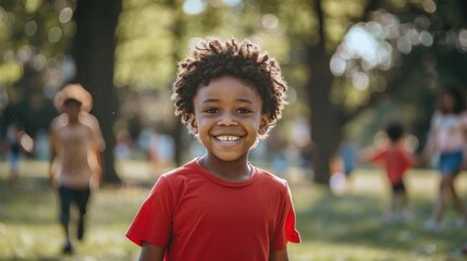 a young boy wearing a red shirt is smiling and standing in a park. there are other children in the b