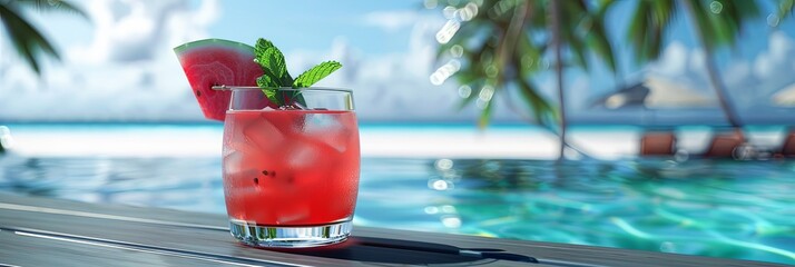 Aufkleber - A glass of watermelon cocktail garnished with a wedge of watermelon and mint sits on a poolside table, with a view of the turquoise water and palm trees. Generative AI