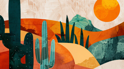 cactus plants and sunset in Mexico desert, art collage style poster, retro, vintage, old fashioned, bright colors