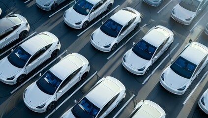 Aufkleber - An aerial view showcasing a large parking lot filled with modern electric cars. The scene represents futuristic technology and clean transportation with energyefficient and ecofriendly vehicles