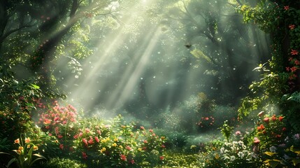 Enchanted Forest Alive with Vibrant Flora and Fauna Bathed in Ethereal Sunlight