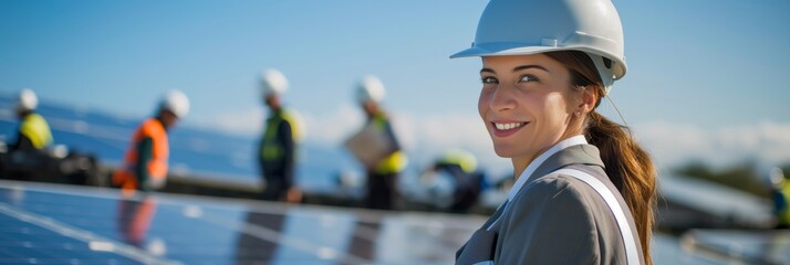 Poster - A female engineer in a hard hat inspects solar panels at a green energy facility, showcasing teamwork innovation. Her dedication to the profession is evident as she smiles during the inspection