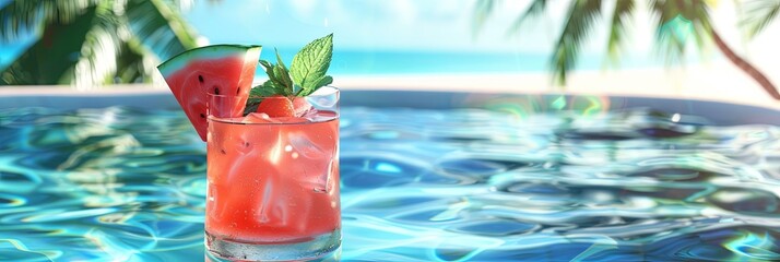 Aufkleber - A glass of watermelon cocktail garnished with a watermelon wedge and mint, sitting on the edge of a pool on a sunny day. Generative AI