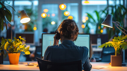 Poster - A customer service representative answering a phone call, viewed from the back. The scene features a brightly lit office environment with a desk, computer. Generative AI.