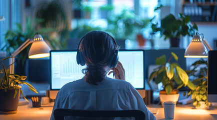Poster - A customer service representative answering a phone call, viewed from the back. The scene features a brightly lit office environment with a desk, computer. Generative AI.