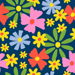 Poster - Seamless pattern with colorful groovy daisy flowers on a dark blue background. Vector illustration