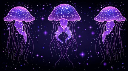  A cluster of jellyfish hover above a water body, their translucent forms reflecting starlight from a star-studded sky