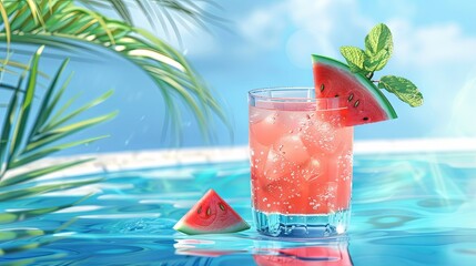 Aufkleber - A glass of watermelon cocktail garnished with a wedge of watermelon and mint sits on the edge of a swimming pool. Generative AI