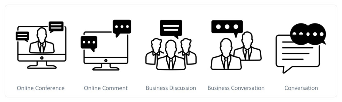 A set of 5 Mix icons as online conference, online comment, business dicsussion