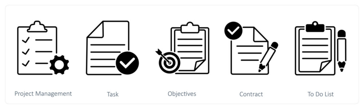 A set of 5 Mix icons as project management, task, objectives