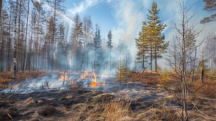 A fire in the forest was burning trees and shrubs near to one another. Smoke was coming from the flames.