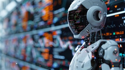 Fototapete - Trading robot standing and analyzing the crypto trading graph, symbolizing the graph growth up and artificial intelligence for stock market analysis. Generative AI.