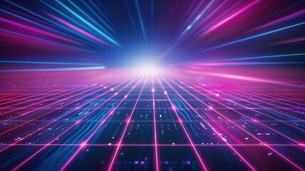 Wall Mural - Capture the retro-futuristic vibe with an abstract blue and pink glowing light beam background against a grid floor.