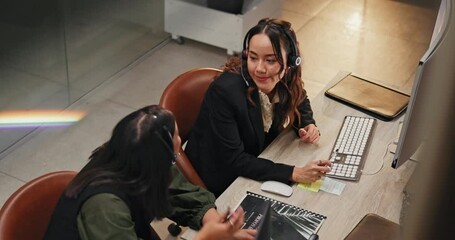 Poster - Business woman, call center and night with team for customer service, help or online advice at office. Young female person, consultants or agents working late for CRM, communication or telemarketing