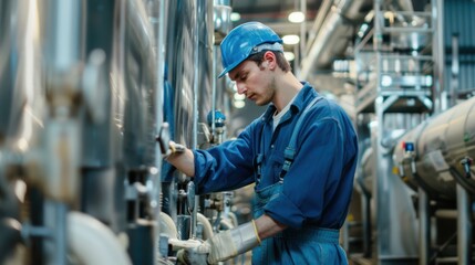 Wall Mural - A candid moment of male workers cleaning and maintaining equipment in a dairy farm setting. 