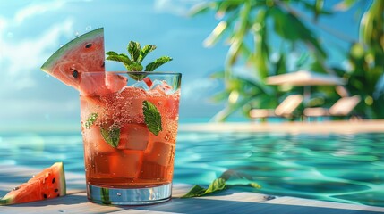 Aufkleber - A glass of watermelon cocktail with a slice of watermelon and mint garnish sits by a pool on a sunny day. Generative AI