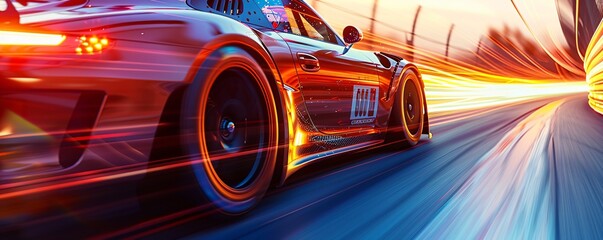 Motor sports competitive team racing, fast moving generic race car racing down the track with motion blur, 3d rendering, vibrant colors and sharp details, showcasing the excitement of the race,