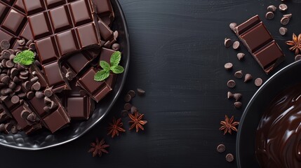 Wall Mural -  A plate of chocolate and a bowl of chocolate, each with a star anise, on a black surface dotted with anise sprinkles