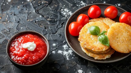 a table is set with a plate of food, a bowl of tomato sauce, and two smaller plates