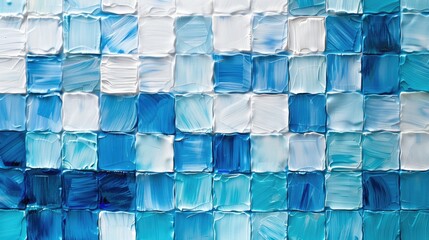 Poster - Mosaic of occasional square tiles in deep and light blue shades on a white surface