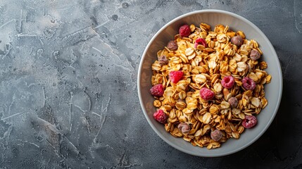  A bowl of granola topped with raspberries and nuts against a gray backdrop, accompanied by a spoons